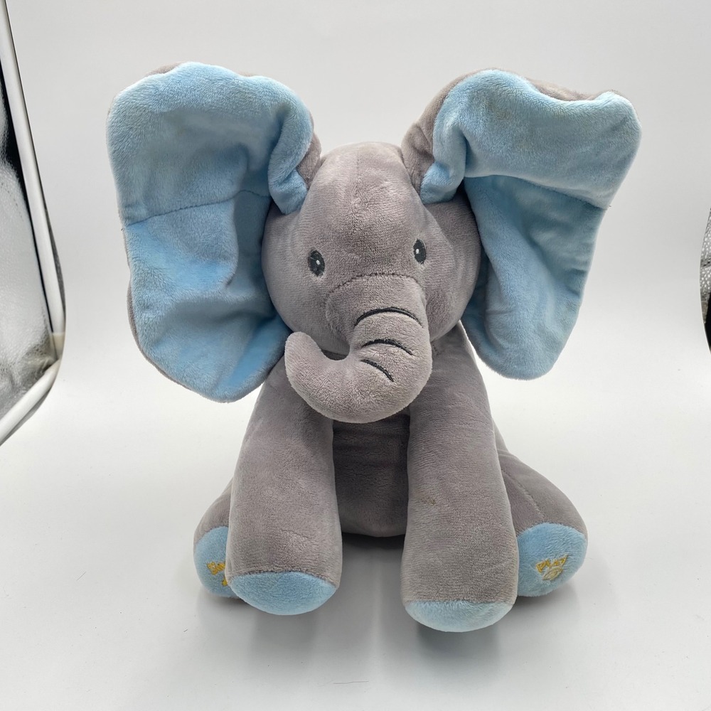 Peek a Boo Singing Elephant Animated Interactive Plush Toy Gray Blue 12in VIDEO